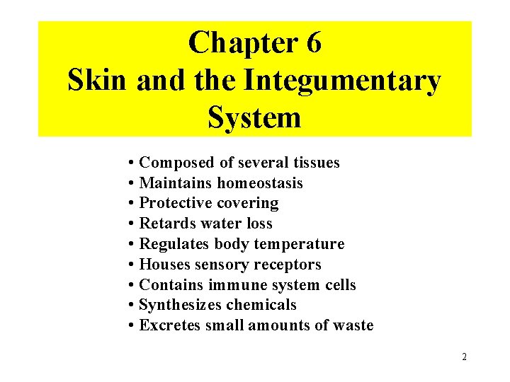 Chapter 6 Skin and the Integumentary System • Composed of several tissues • Maintains
