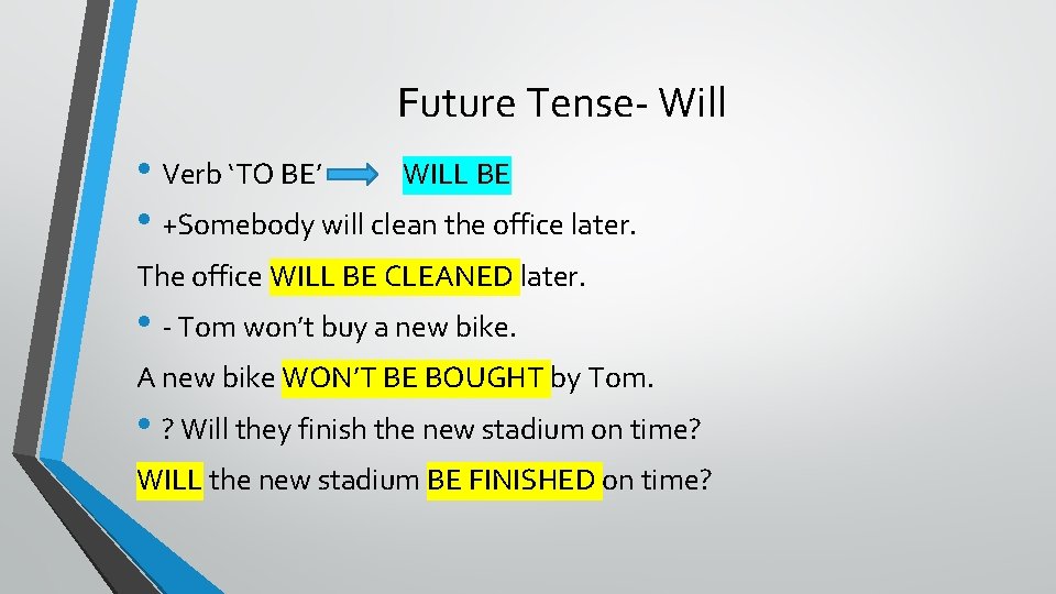 Future Tense- Will • Verb ‘TO BE’ WILL BE • +Somebody will clean the