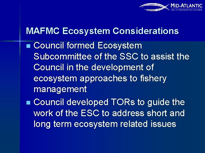 MAFMC Ecosystem Considerations Council formed Ecosystem Subcommittee of the SSC to assist the Council