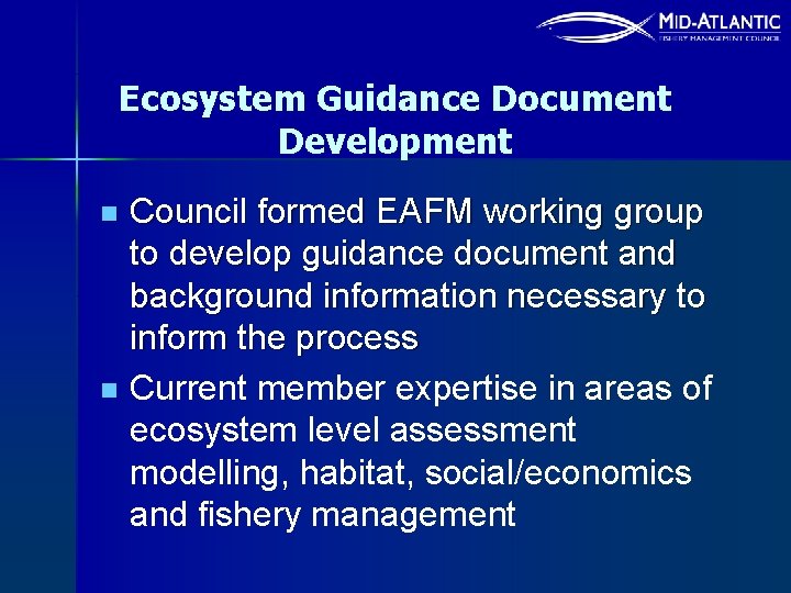 Ecosystem Guidance Document Development n n Council formed EAFM working group to develop guidance