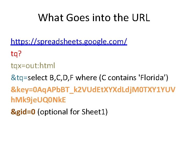 What Goes into the URL https: //spreadsheets. google. com/ tq? tqx=out: html &tq=select B,