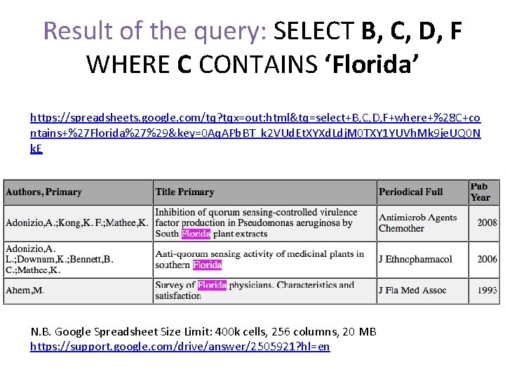 Result of the query: SELECT B, C, D, F WHERE C CONTAINS ‘Florida’ https: