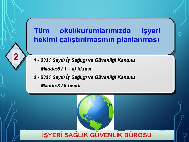 Tüm okul/kurumlarımızda işyeri hekimi çalıştırılmasının planlanması 2 1 - 6331 Sayılı İş Sağlığı ve