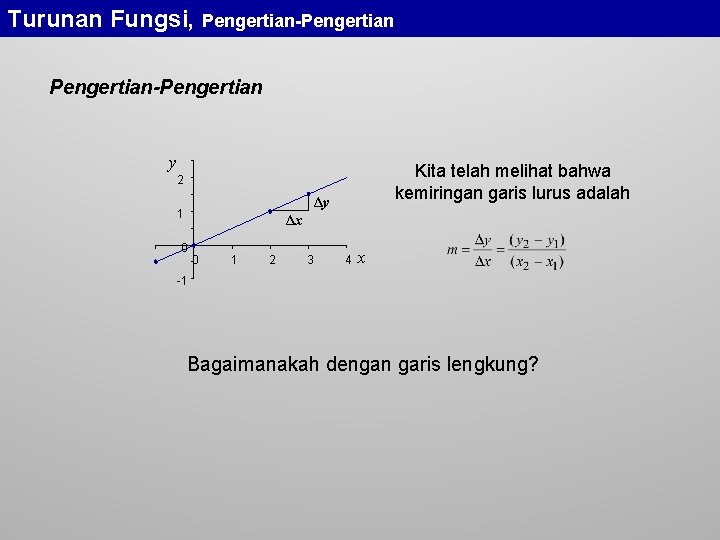 Turunan Fungsi, Pengertian-Pengertian y Kita telah melihat bahwa kemiringan garis lurus adalah 2 Δy