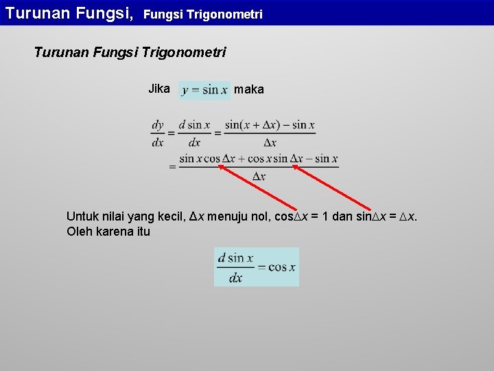 Turunan Fungsi, Fungsi Trigonometri Turunan Fungsi Trigonometri Jika maka Untuk nilai yang kecil, Δx Turunan Fungsi, Fungsi Trigonometri Turunan Fungsi Trigonometri Jika maka Untuk nilai yang kecil, Δx