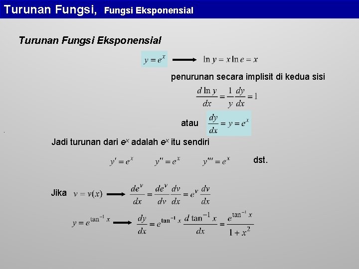 Turunan Fungsi, Fungsi Eksponensial Turunan Fungsi Eksponensial penurunan secara implisit di kedua sisi atau