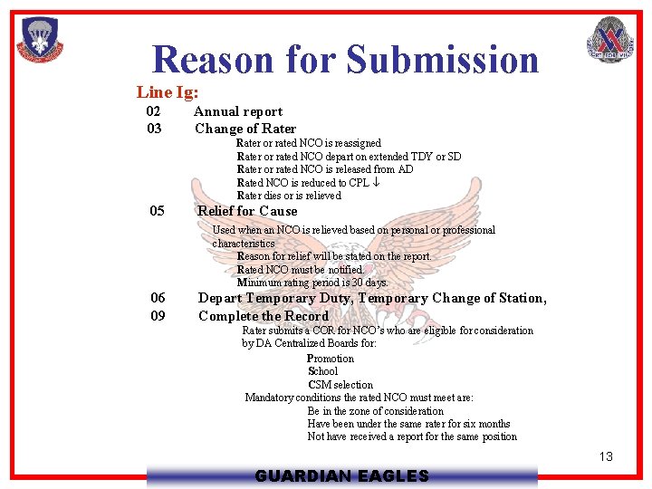 Reason for Submission Line Ig: 02 03 Annual report Change of Rater or rated