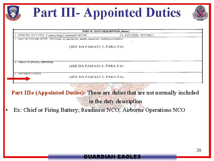 Part III- Appointed Duties Part IIIe (Appointed Duties): These are duties that are not