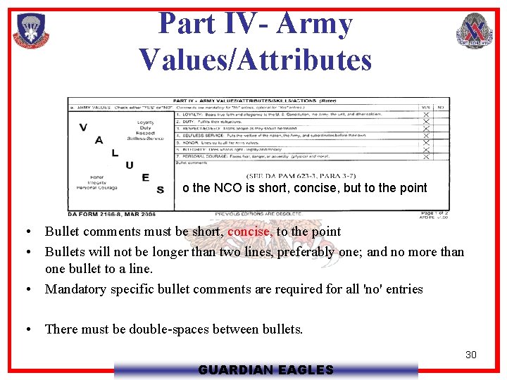 Part IV- Army Values/Attributes o the NCO is short, concise, but to the point