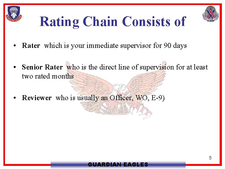 Rating Chain Consists of • Rater which is your immediate supervisor for 90 days