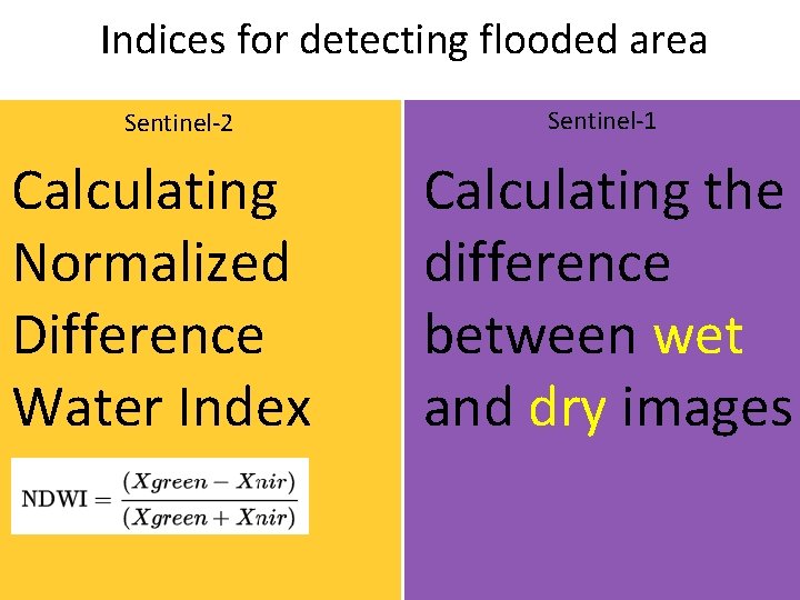 Indices for detecting flooded area Sentinel-2 Calculating Normalized Difference Water Index Sentinel-1 Calculating the