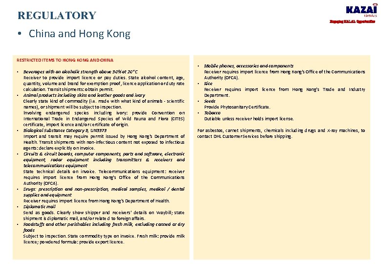 REGULATORY Engaging HALAL Opportunities • China and Hong Kong RESTRICTED ITEMS TO HONG KONG