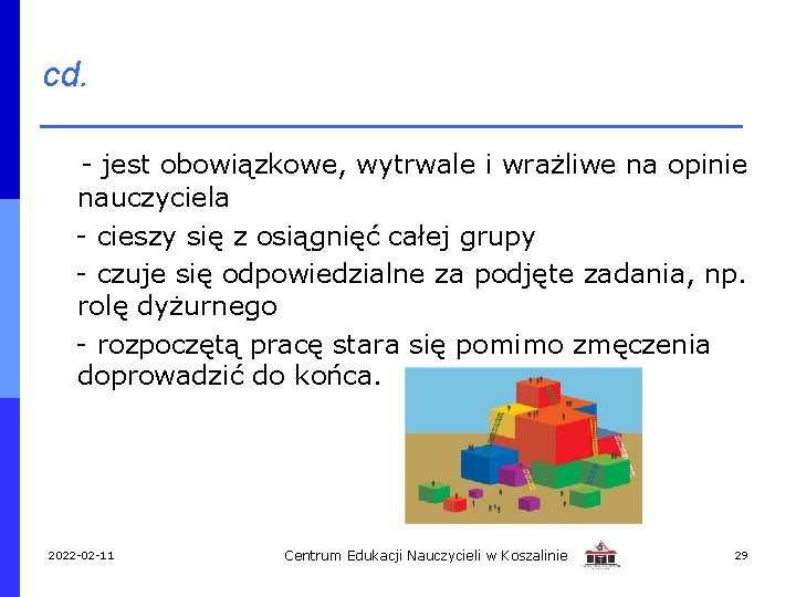 cd. - jest obowiązkowe, wytrwale i wrażliwe na opinie nauczyciela - cieszy się z