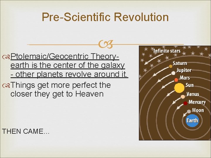 Pre-Scientific Revolution Ptolemaic/Geocentric Theoryearth is the center of the galaxy - other planets revolve