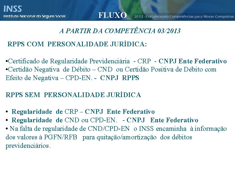 Instituto Nacional do Seguro Social - INSS FLUXO A PARTIR DA COMPETÊNCIA 03/2013 RPPS