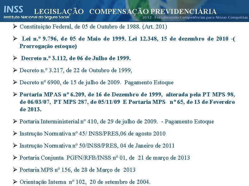 Instituto Nacional do Seguro Social - INSS LEGISLAÇÃO COMPENSAÇÃO PREVIDENCIÁRIA Constituição Federal, de 05