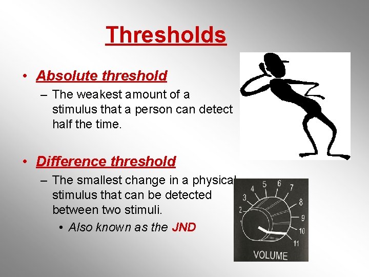 Thresholds • Absolute threshold – The weakest amount of a stimulus that a person