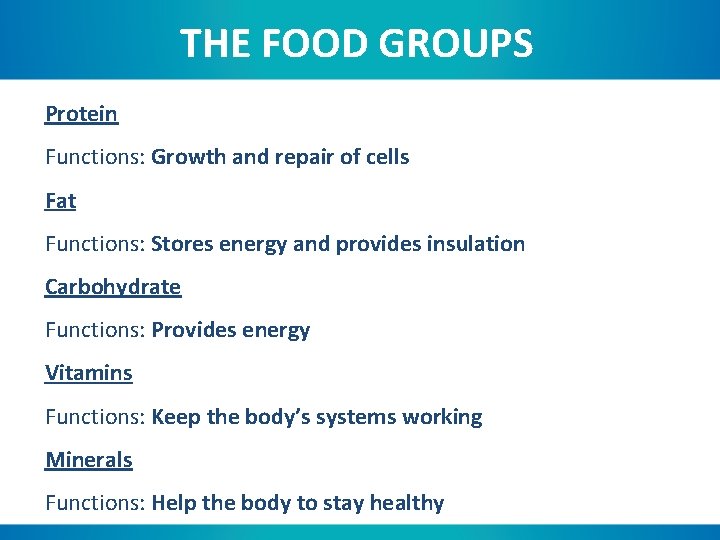 THE FOOD GROUPS Protein Functions: Growth and repair of cells Fat Functions: Stores energy