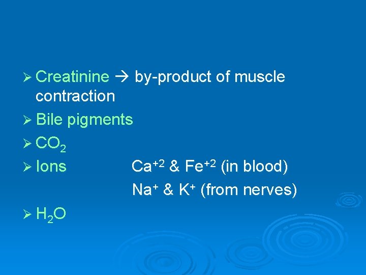 Ø Creatinine by-product of muscle contraction Ø Bile pigments Ø CO 2 Ø Ions
