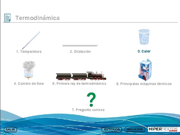 Termodinámica 1. Temperatura 2. Dilatación 3. Calor 4. Cambio de fase 5. Primera ley