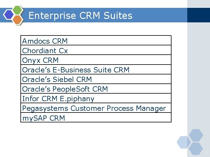 Enterprise CRM Suites Amdocs CRM Chordiant Cx Onyx CRM Oracle’s E-Business Suite CRM Oracle’s