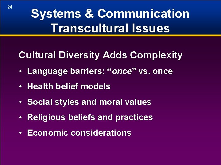 24 Systems & Communication Transcultural Issues Cultural Diversity Adds Complexity • Language barriers: “once”