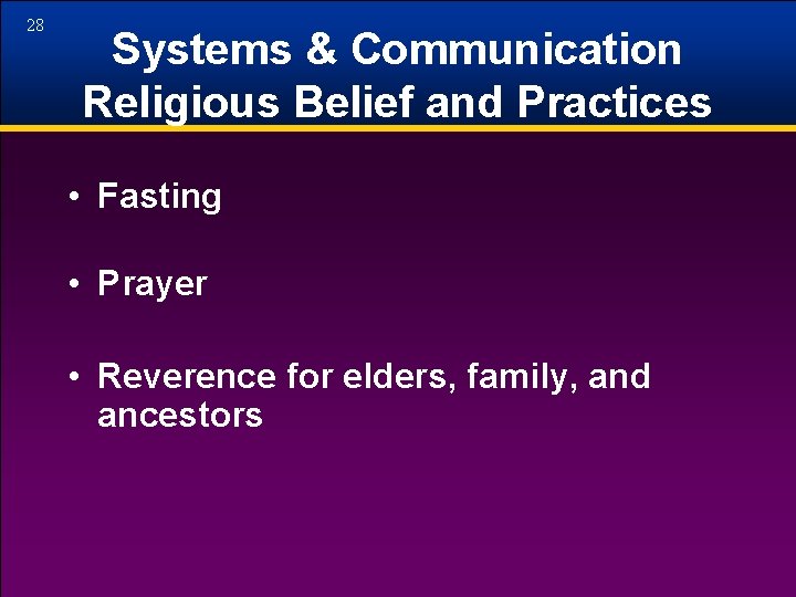 28 Systems & Communication Religious Belief and Practices • Fasting • Prayer • Reverence