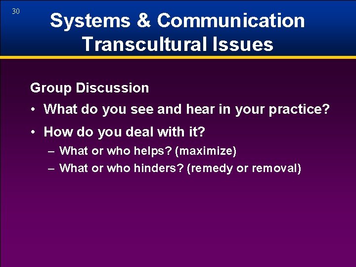 30 Systems & Communication Transcultural Issues Group Discussion • What do you see and