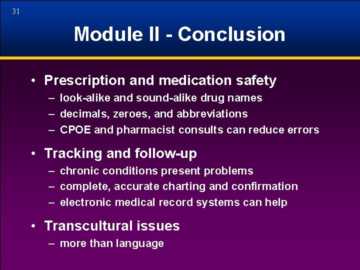 31 Module II - Conclusion • Prescription and medication safety – look-alike and sound-alike