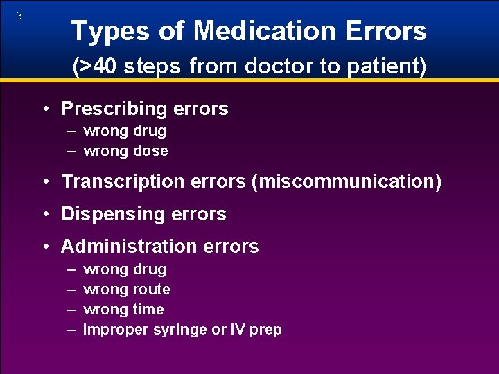 3 Types of Medication Errors (>40 steps from doctor to patient) • Prescribing errors