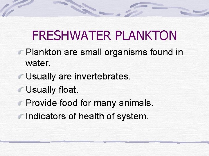 FRESHWATER PLANKTON Plankton are small organisms found in water. Usually are invertebrates. Usually float.