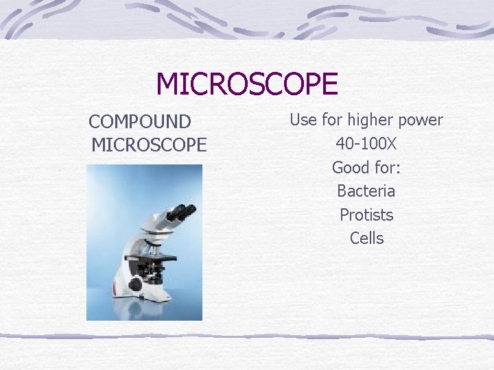 MICROSCOPE COMPOUND MICROSCOPE Use for higher power 40 -100 X Good for: Bacteria Protists