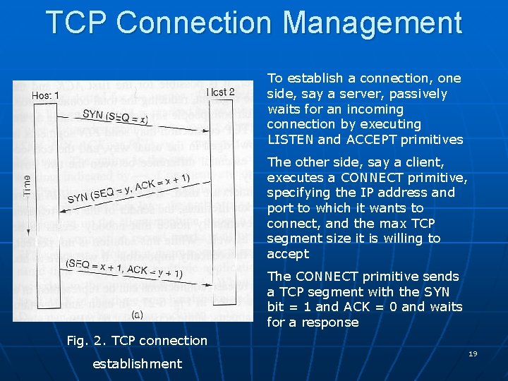 TCP Connection Management To establish a connection, one side, say a server, passively waits