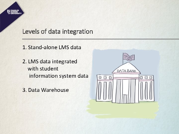 Levels of data integration 1. Stand-alone LMS data 2. LMS data integrated with student