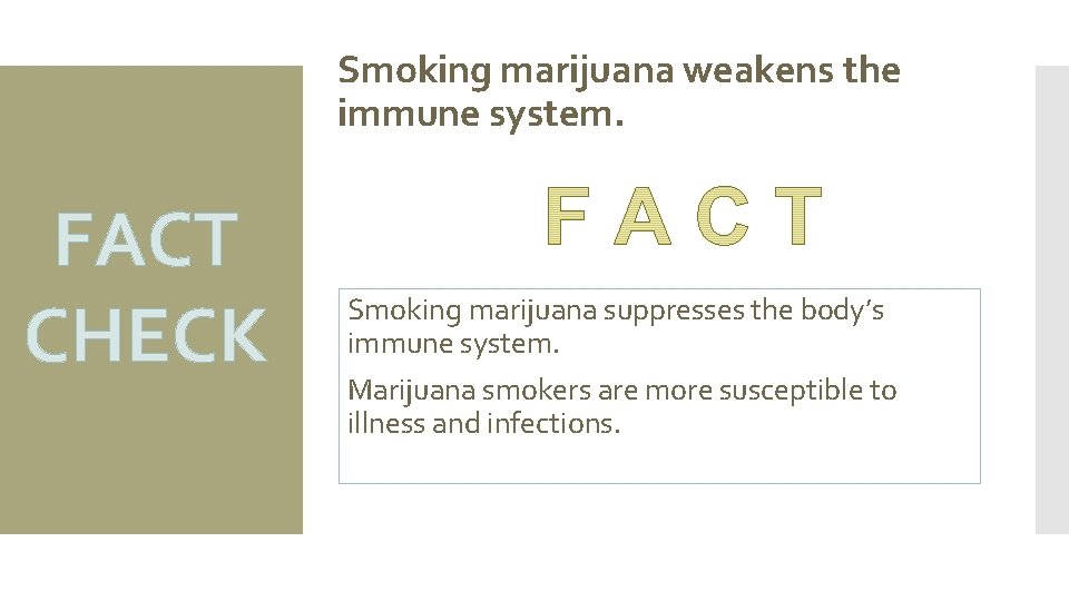 Smoking marijuana weakens the immune system. FACT CHECK Smoking marijuana suppresses the body’s immune