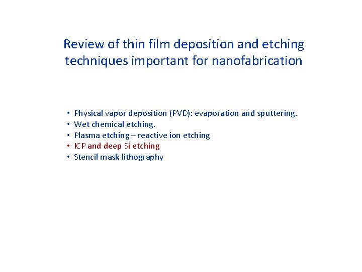 Review of thin film deposition and etching techniques important for nanofabrication • • •