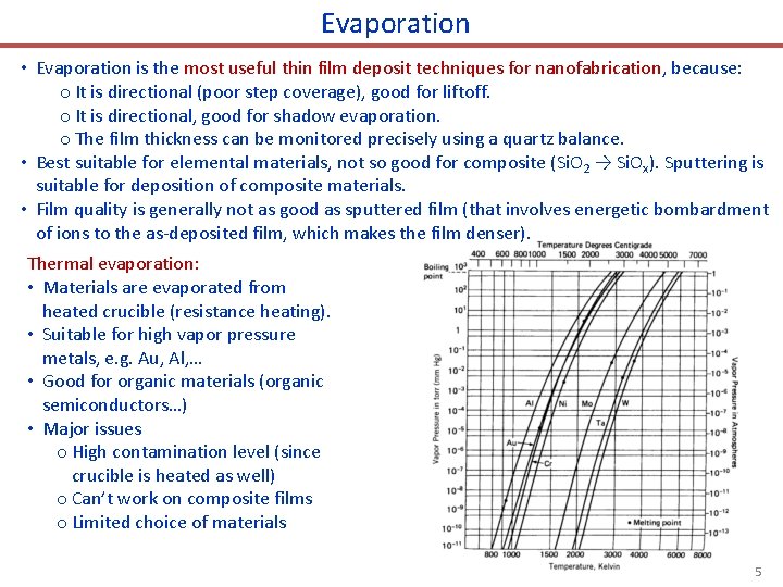 Evaporation • Evaporation is the most useful thin film deposit techniques for nanofabrication, because: