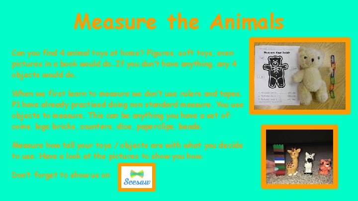 Measure the Animals Can you find 4 animal toys at home? Figures, soft toys,