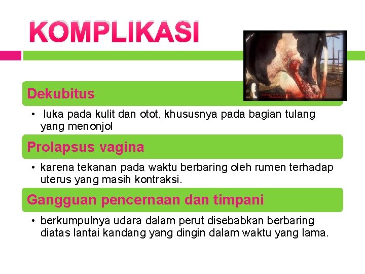 KOMPLIKASI Dekubitus • luka pada kulit dan otot, khususnya pada bagian tulang yang menonjol