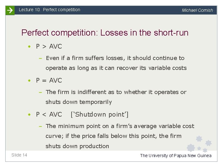 Lecture 10: Perfect competition Michael Cornish Perfect competition: Losses in the short-run • P