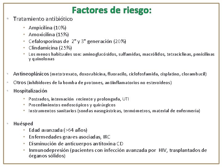 Factores de riesgo: • Tratamiento antibiótico • • Ampicilina (10%) Amoxicilina (15%) Cefalosporinas de