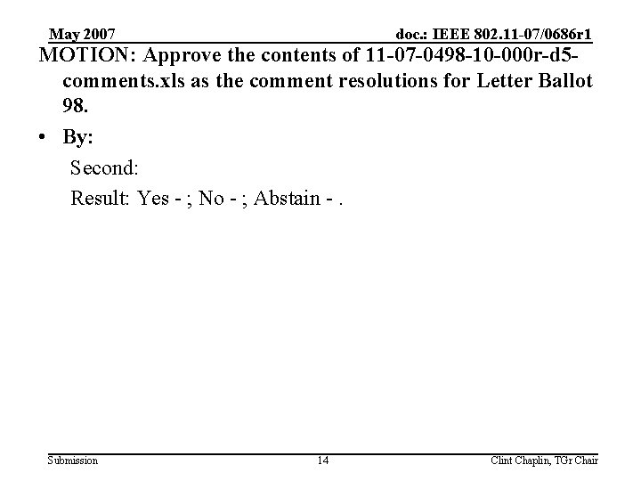 May 2007 doc. : IEEE 802. 11 -07/0686 r 1 MOTION: Approve the contents