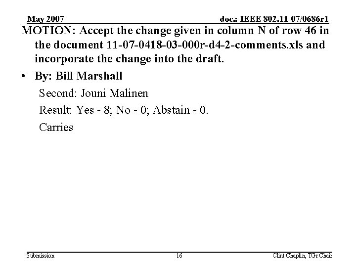 May 2007 doc. : IEEE 802. 11 -07/0686 r 1 MOTION: Accept the change