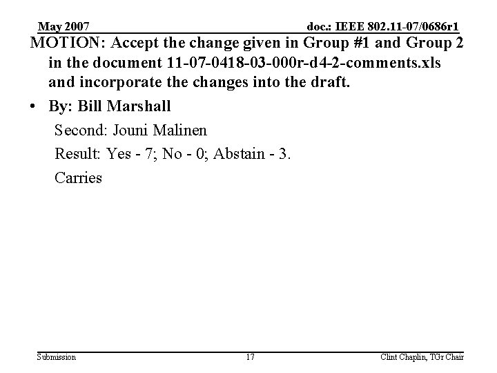May 2007 doc. : IEEE 802. 11 -07/0686 r 1 MOTION: Accept the change