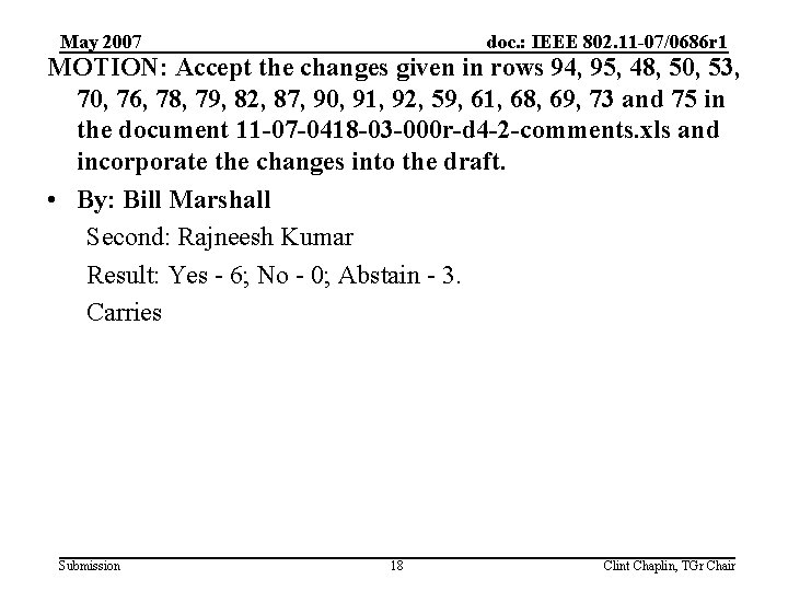 May 2007 doc. : IEEE 802. 11 -07/0686 r 1 MOTION: Accept the changes