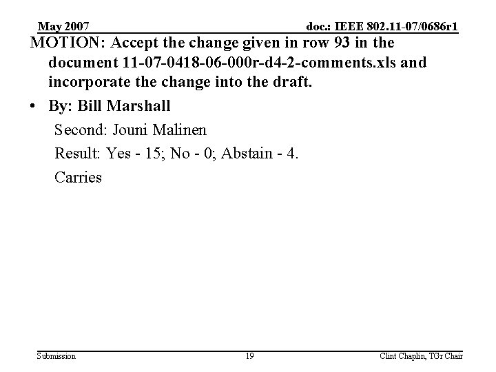 May 2007 doc. : IEEE 802. 11 -07/0686 r 1 MOTION: Accept the change