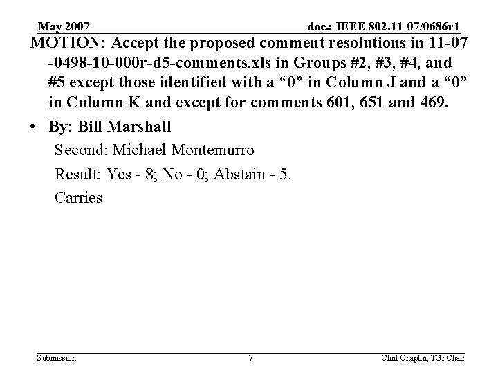 May 2007 doc. : IEEE 802. 11 -07/0686 r 1 MOTION: Accept the proposed