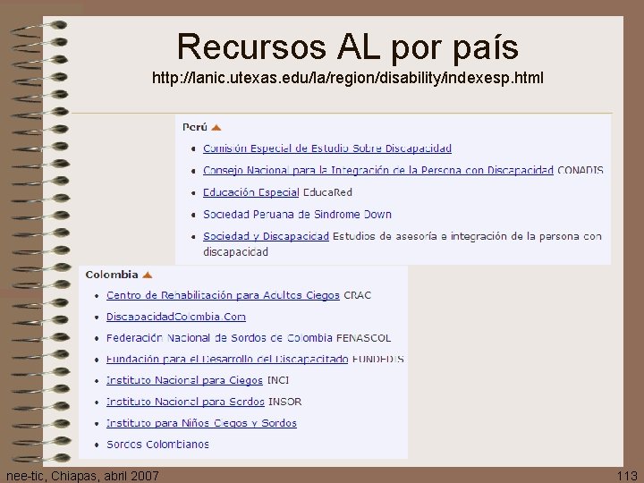 Recursos AL por país http: //lanic. utexas. edu/la/region/disability/indexesp. html nee-tic, Chiapas, abril 2007 113