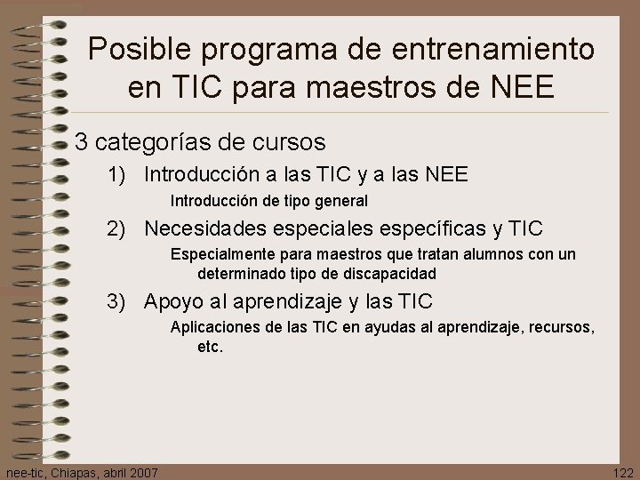 Posible programa de entrenamiento en TIC para maestros de NEE 3 categorías de cursos