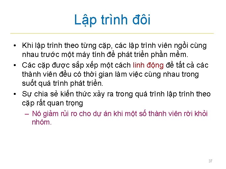 Lập trình đôi • Khi lập trình theo từng cặp, các lập trình viên